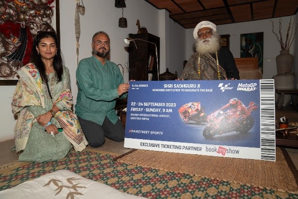 Sadhguru with Mr.Pushkar Nath Srivastava, Chief Operating Officer of Fairstreet Sports, the organizer of MotoGP Bharat.